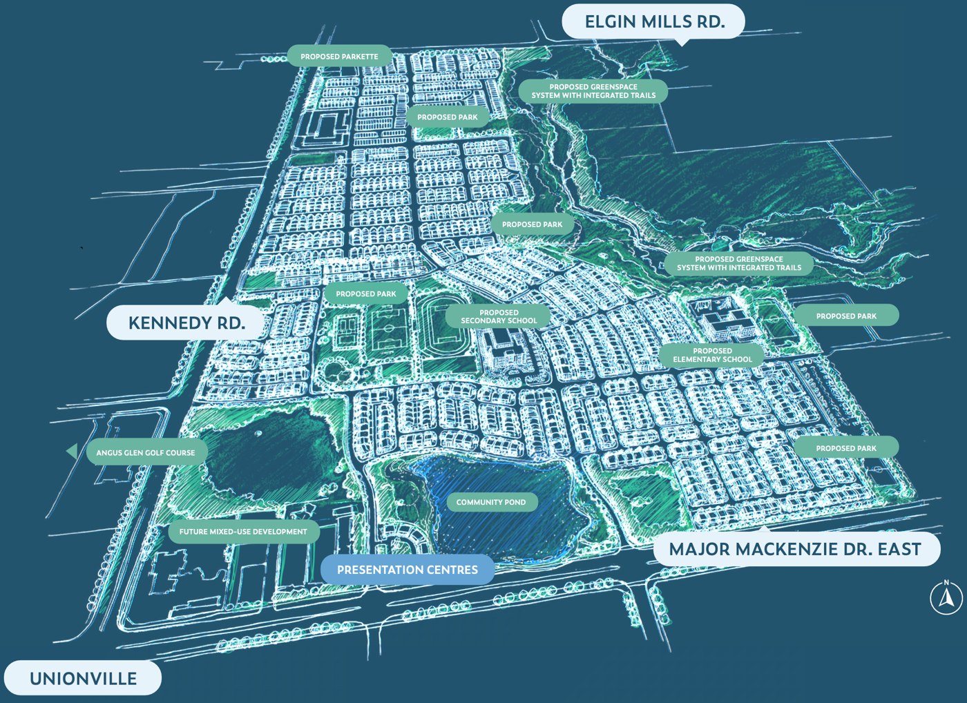Unionglen master site plan showing Kennedy Rd, Major Mackenzie Dr East, Elgin Mills Rd, Angus Glen Golf Course, proposed parks, schools, greenspace trails and the community pond